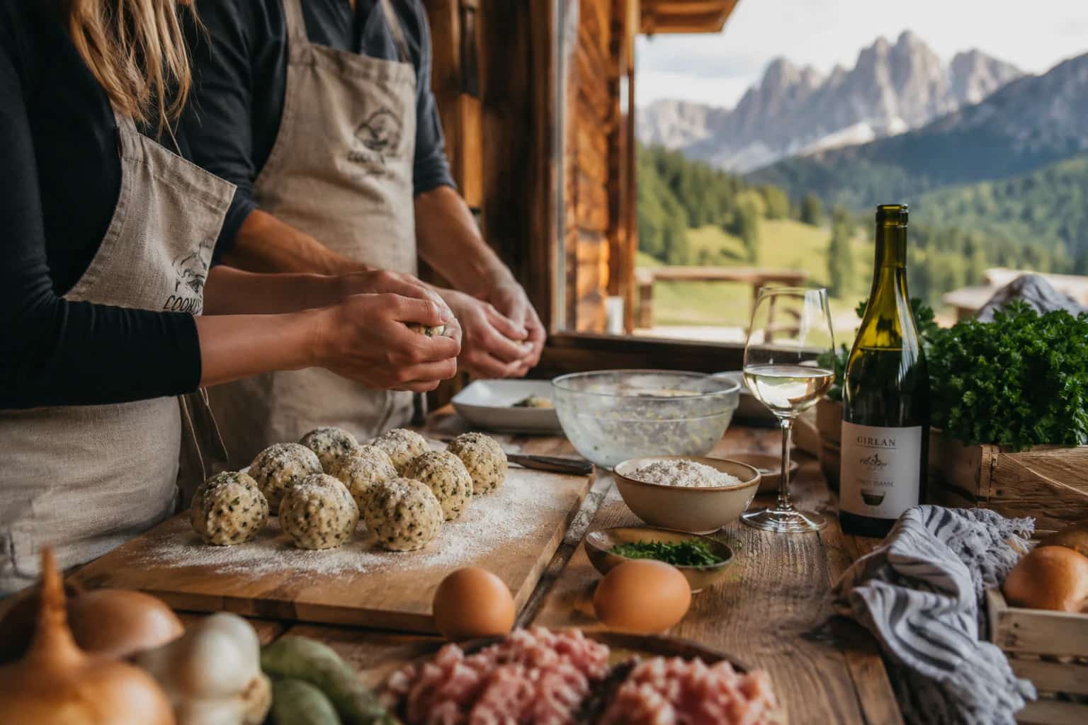 Two guests preparing regional dishes by hand in a Dolomite mountain hut