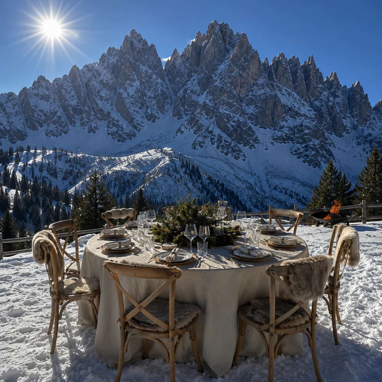 A private table set on the snow beneath the snow-covered peaks of the Dolomites