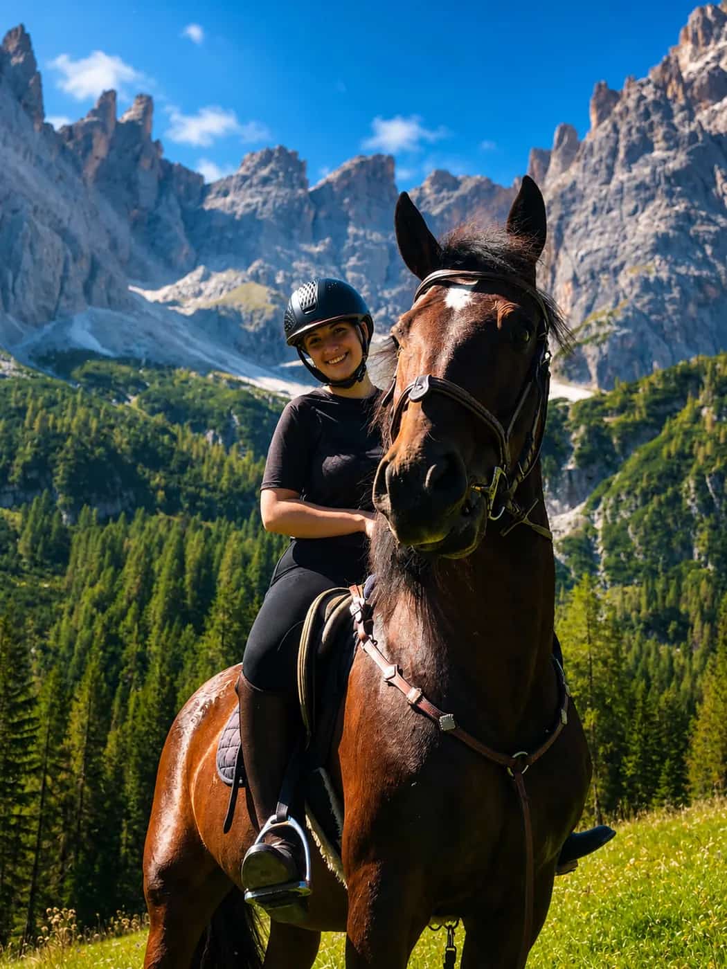 A guest on horseback in a flowering summer meadow beneath jagged Dolomite peaks