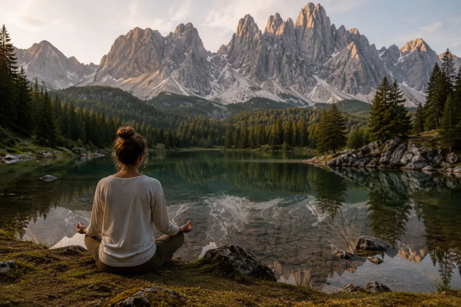 A guest meditating at first light on the shore of a still alpine lake